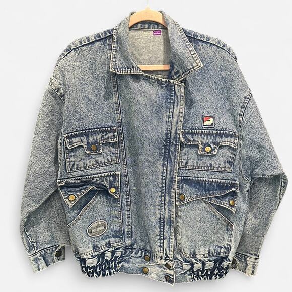 Rare Vintage 90s Acid Wash Oversized Asymmetric Denim Jacket Medium French Girl - Picture 2 of 6